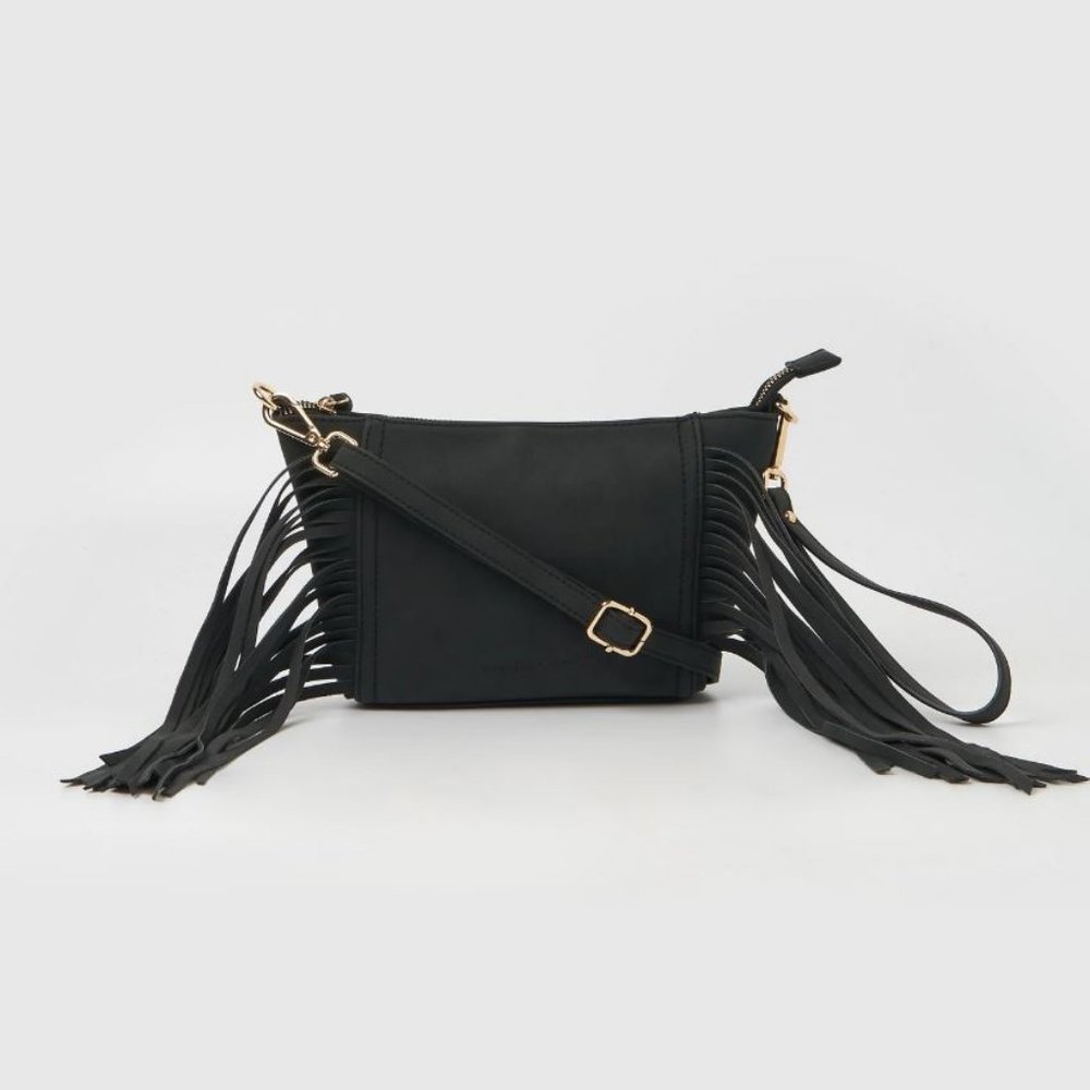 URBAN ORIGINALS Fringe Baby leather-suede women's crossbody bag + Dust bag BLACK - Picture 1 of 8